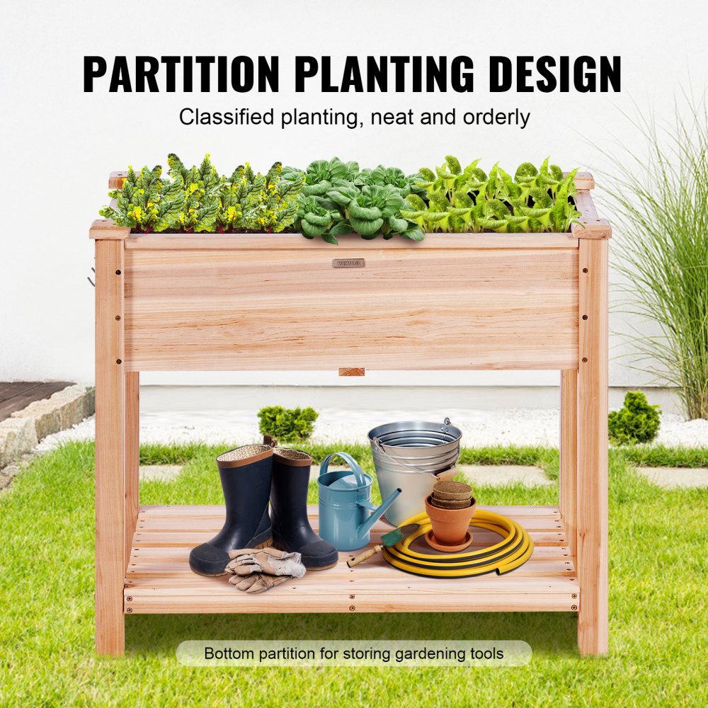 010373403983 - 33.9" Wooden Raised Garden Bed Planter with Tools and Drainage