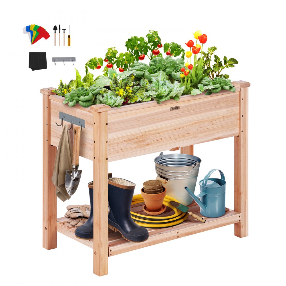 010373403983 - 33.9" Wooden Raised Garden Bed Planter with Tools and Drainage