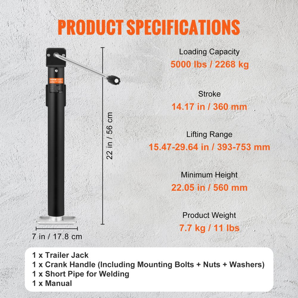 TJP-5002S-B - Heavy-Duty Carbon Steel Trailer Jack, 5000 lb Capacity
