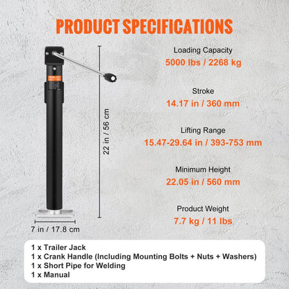 TJP-5002S-B - Heavy-Duty Carbon Steel Trailer Jack, 5000 lb Capacity