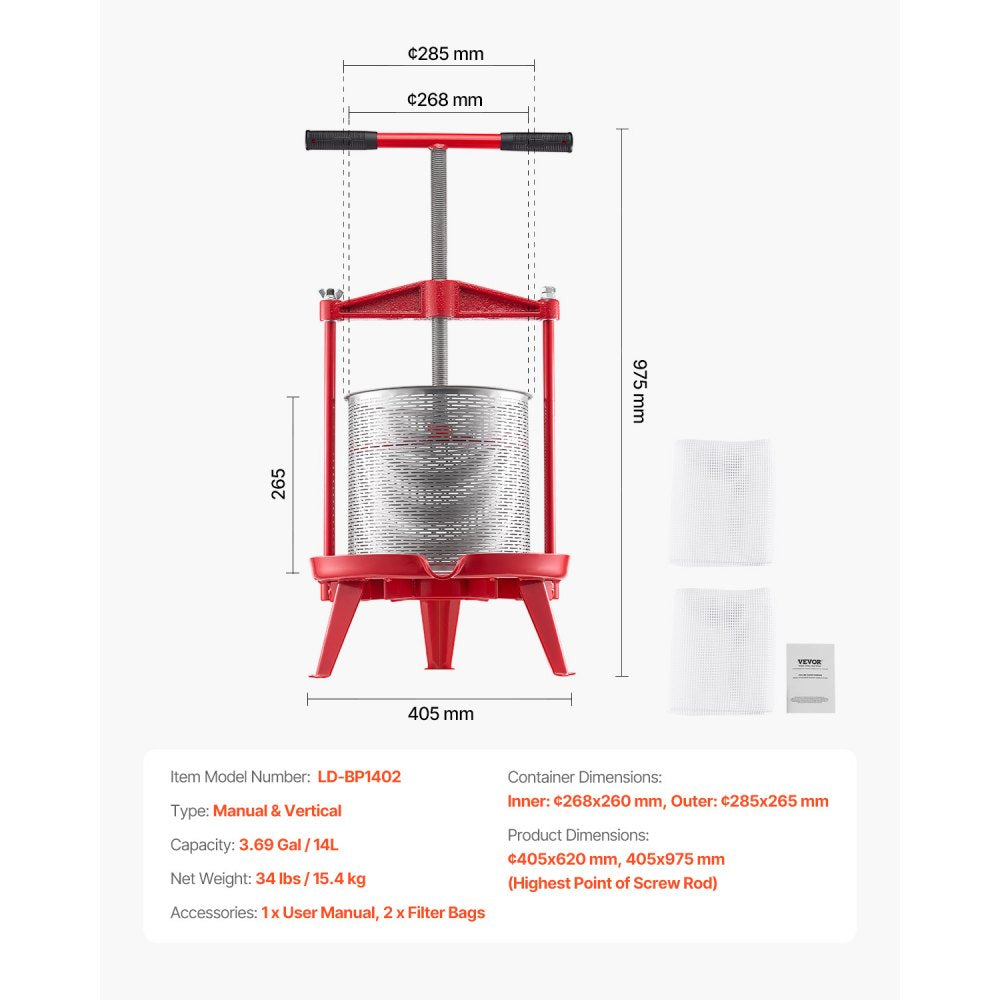 LD-BP1402 - 14L Stainless Steel Fruit Wine Press for Fast Juice Extraction
