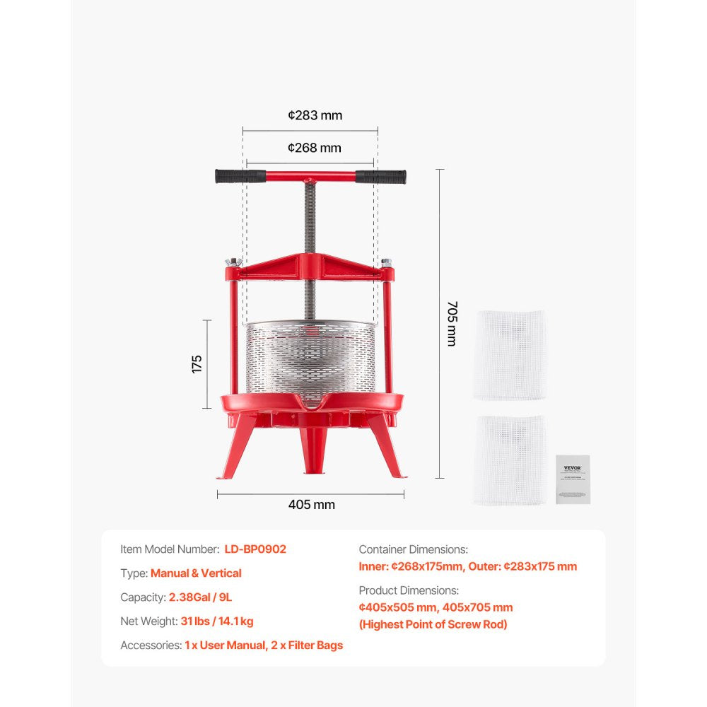 LD-BP0902 - 9L Stainless Steel Wine Press with Large Presser Plate