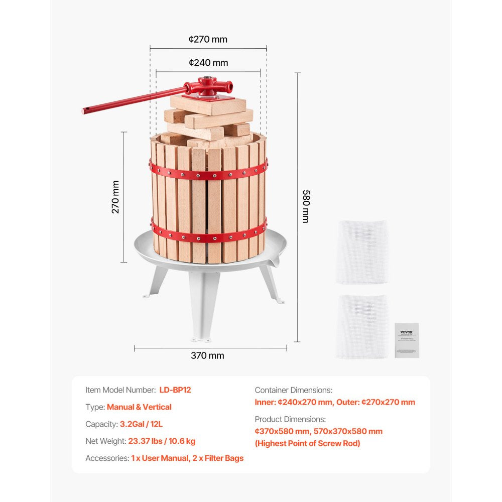LD-BP12 - 3.2 Gal Fruit Wine Press with Thicker Pressure Block