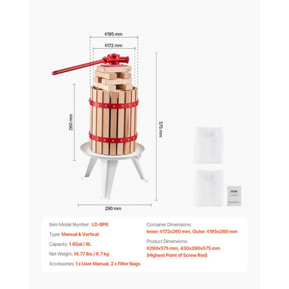 LD-BP6 - 1.6 Gal Manual Fruit Wine Press with Enhanced Juice Extraction