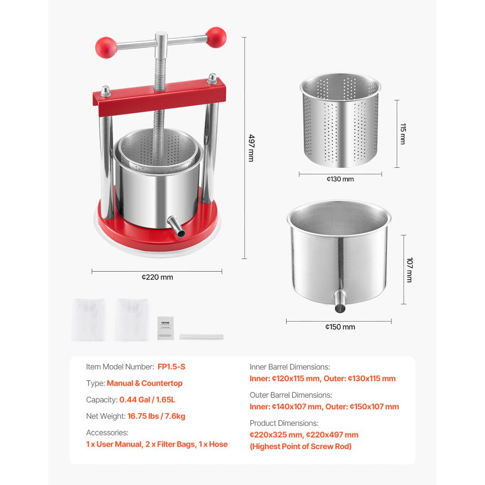 FP1.5-S - 1.65L Stainless Steel Manual Fruit Wine & Juice Press