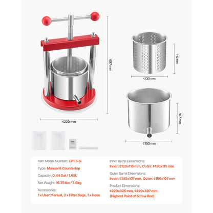 FP1.5-S - 1.65L Stainless Steel Manual Fruit Wine & Juice Press