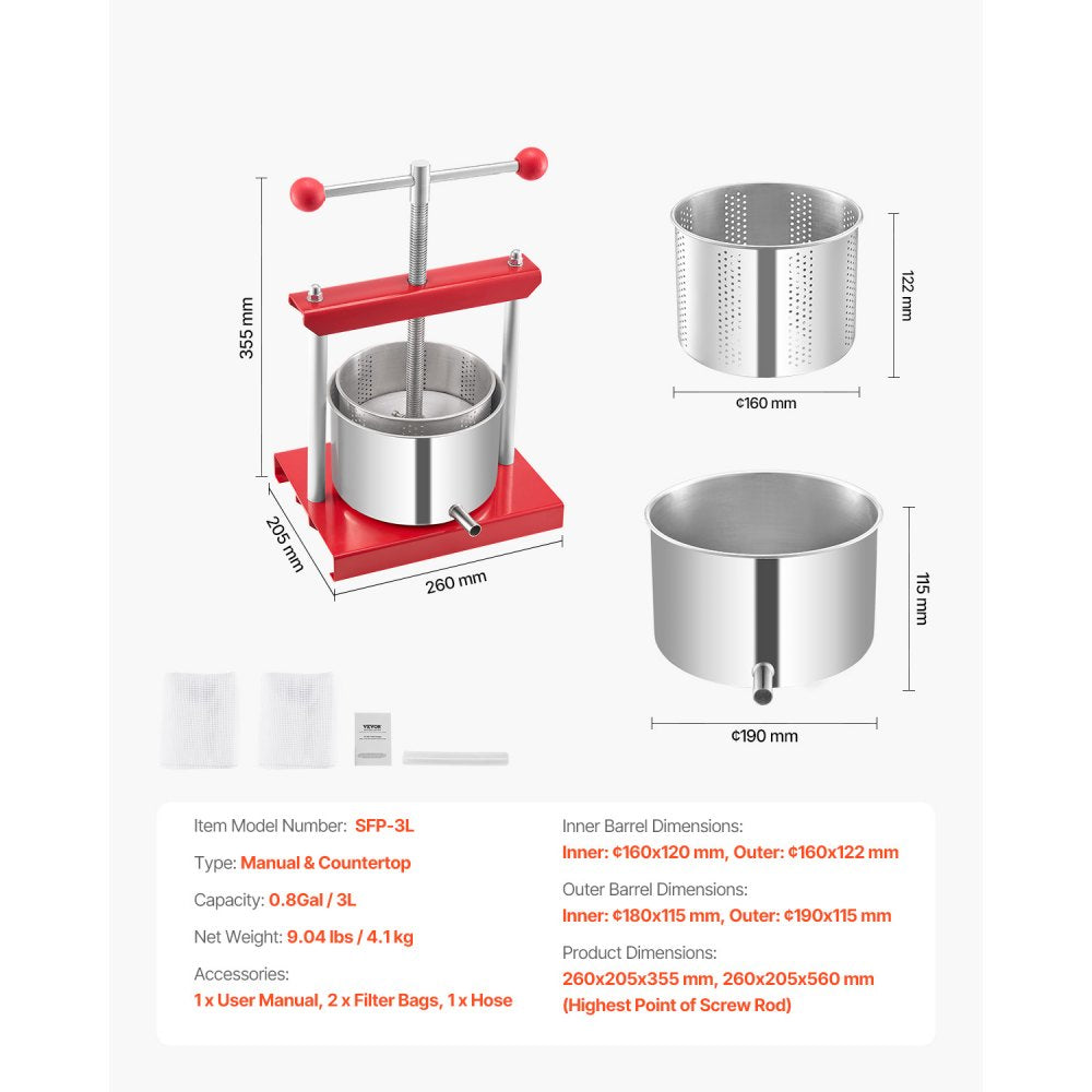 SFP-3L - 3L Stainless Steel Fruit Wine Press for Efficient Juice Extraction