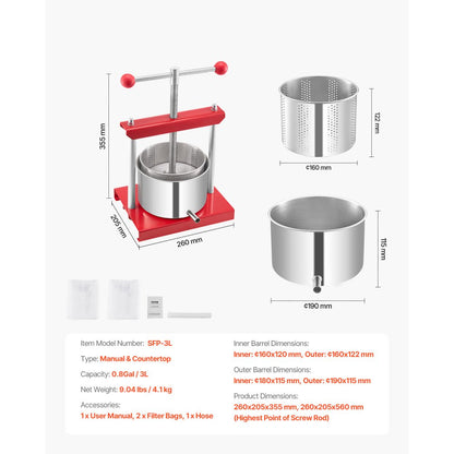 SFP-3L - 3L Stainless Steel Fruit Wine Press for Efficient Juice Extraction