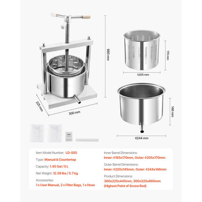 LD-SS5 - 5L Stainless Steel Wine Press for Efficient Juice Extraction