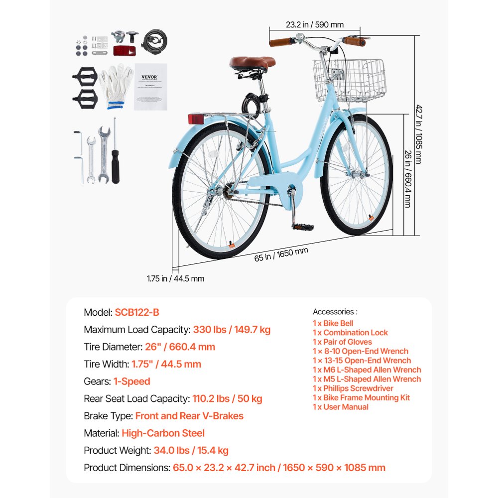 SCB122-B - Comfortable Light Blue Cruiser Bike with Foldable Basket