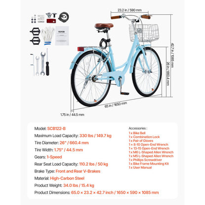 SCB122-B - Comfortable Light Blue Cruiser Bike with Foldable Basket