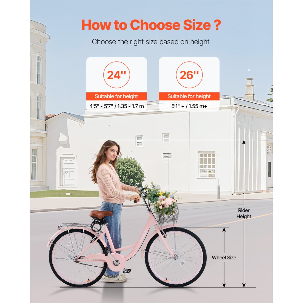 SCB122-P - 26-Inch Pink Cruiser Bike with Basket and Soft Seat