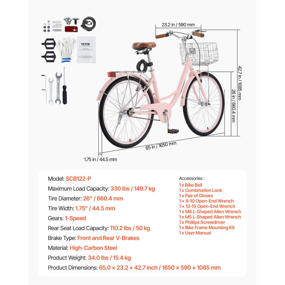 SCB122-P - 26-Inch Pink Cruiser Bike with Basket and Soft Seat
