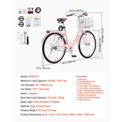 SCB122-P - 26-Inch Pink Cruiser Bike with Basket and Soft Seat