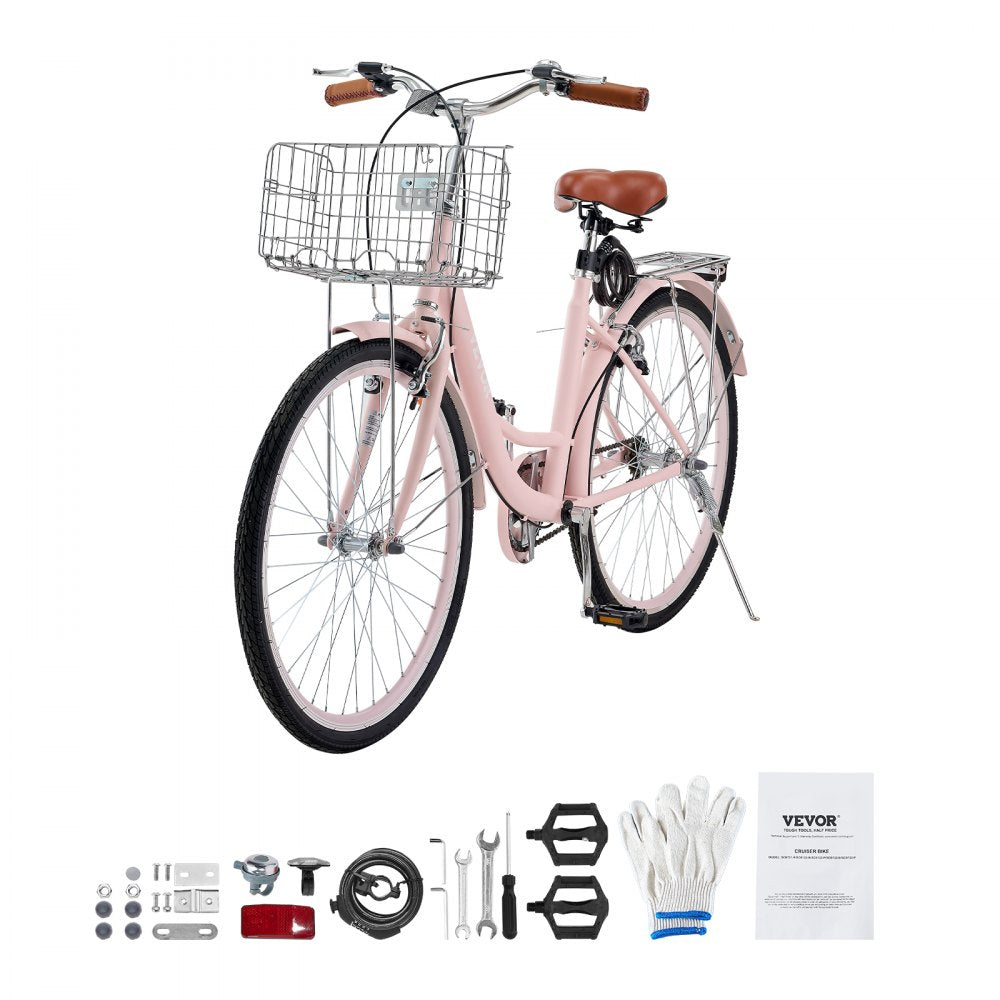SCB122-P - 26-Inch Pink Cruiser Bike with Basket and Soft Seat