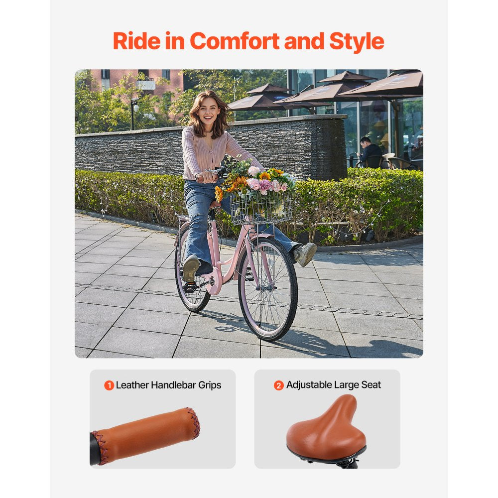 SCB722-P - Retro 26-Inch Cruiser Bike with 7-Speed & Foldable Basket