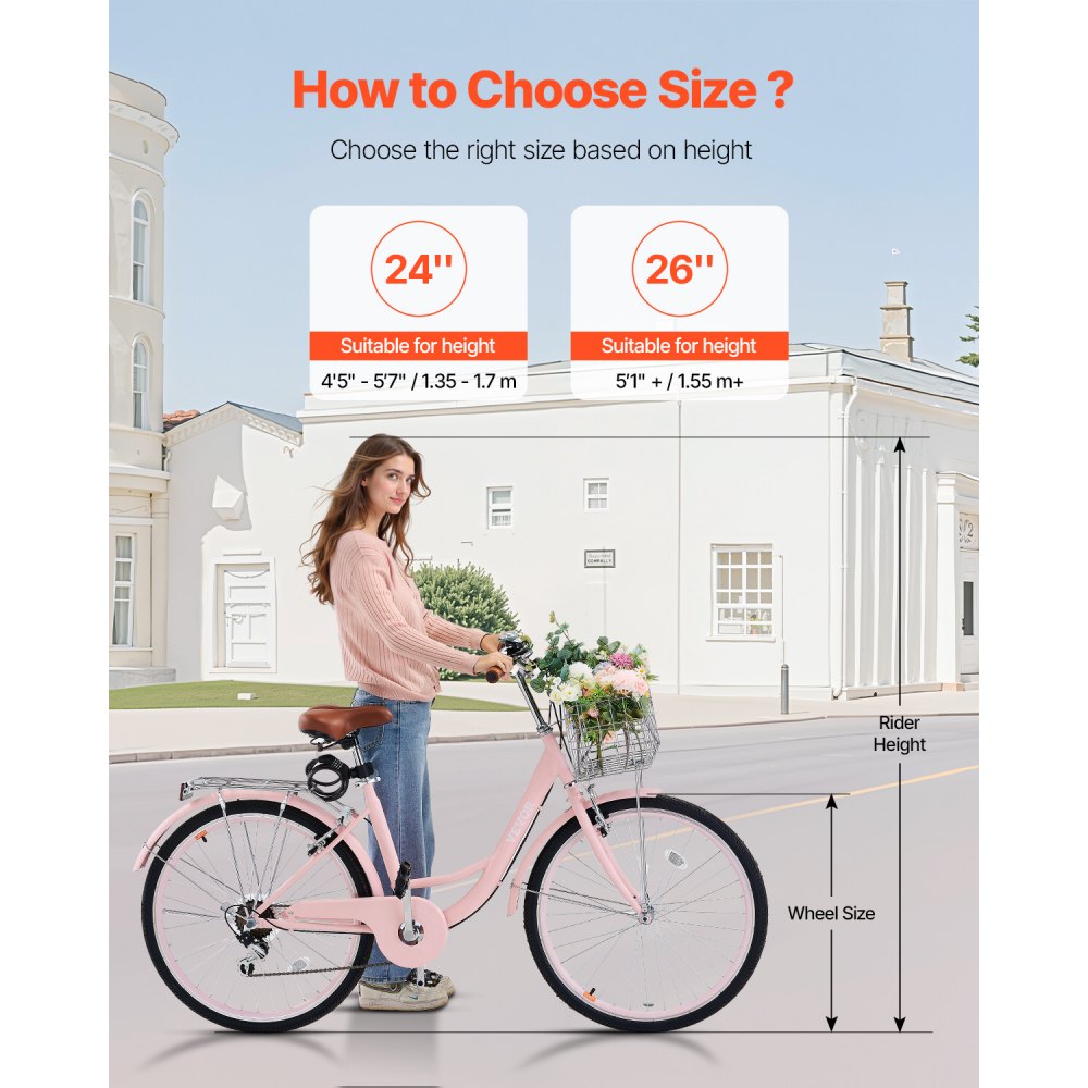 SCB722-P - Retro 26-Inch Cruiser Bike with 7-Speed & Foldable Basket