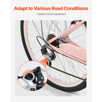 SCB722-P - Retro 26-Inch Cruiser Bike with 7-Speed & Foldable Basket