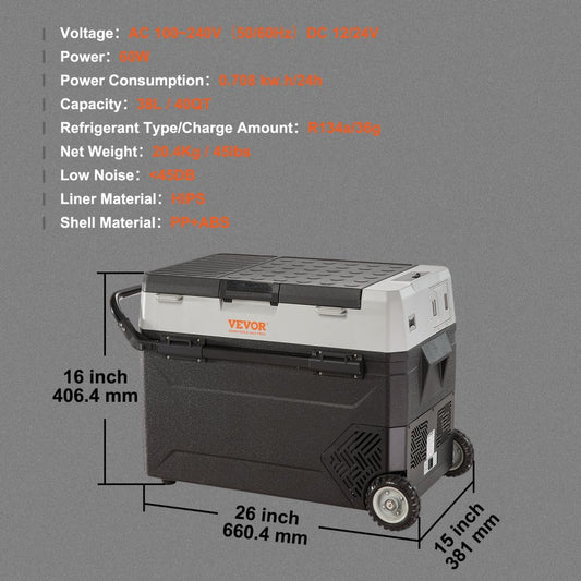 J38 - 40QT VEVOR Portable Car Refrigerator with Dual Power & Wheels
