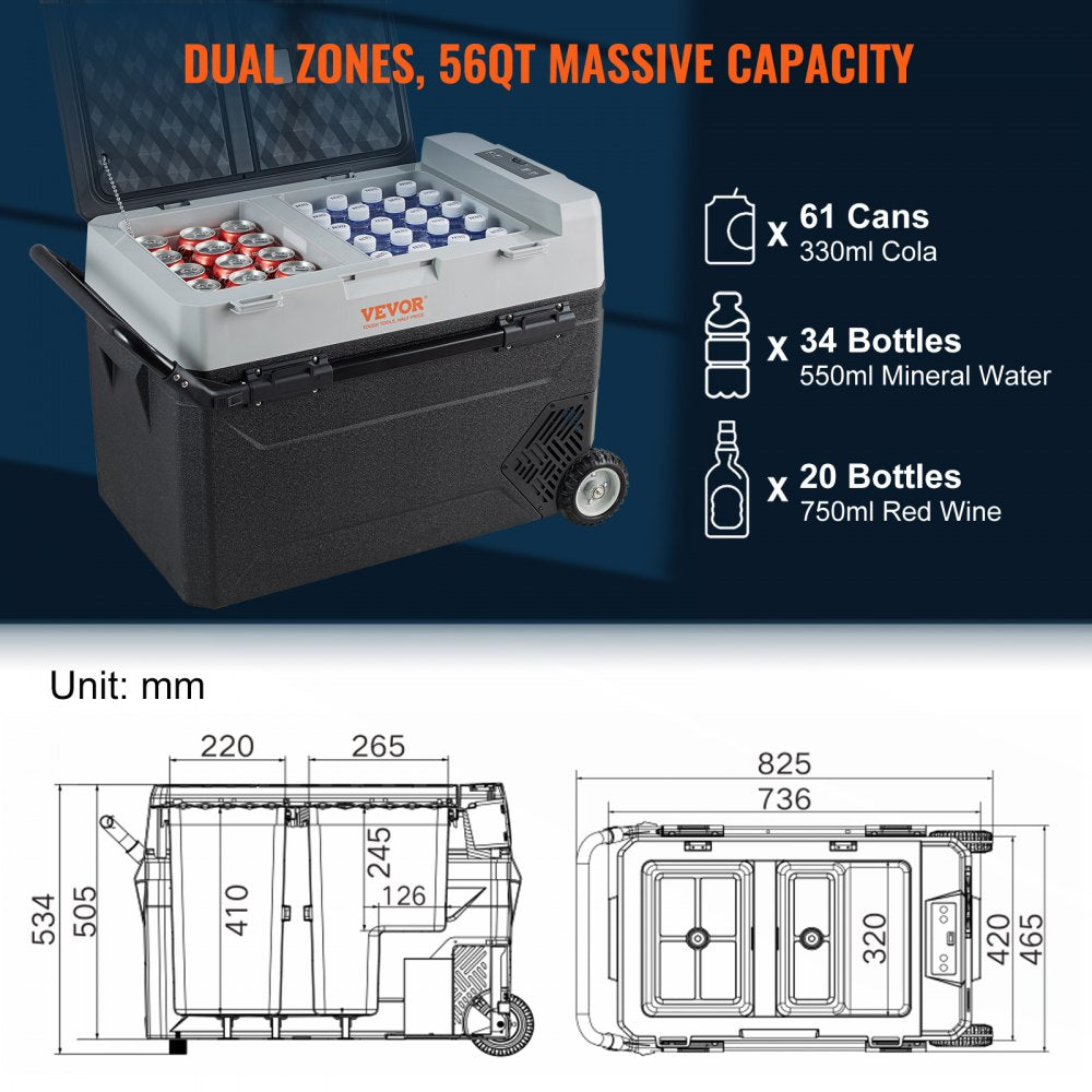 J53 - Dual Zone 56QT Portable Car Fridge, Steady 36°F Cooling
