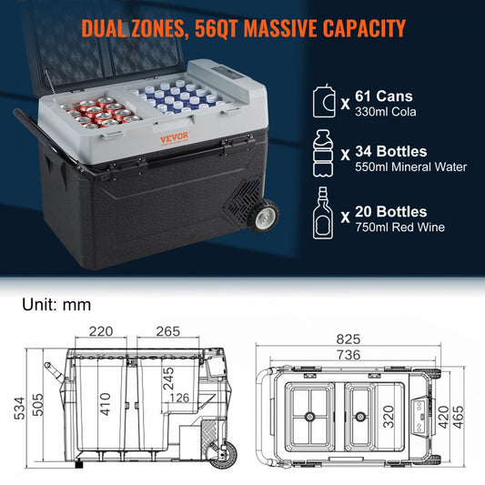 J53 - Dual Zone 56QT Portable Car Fridge, Steady 36°F Cooling