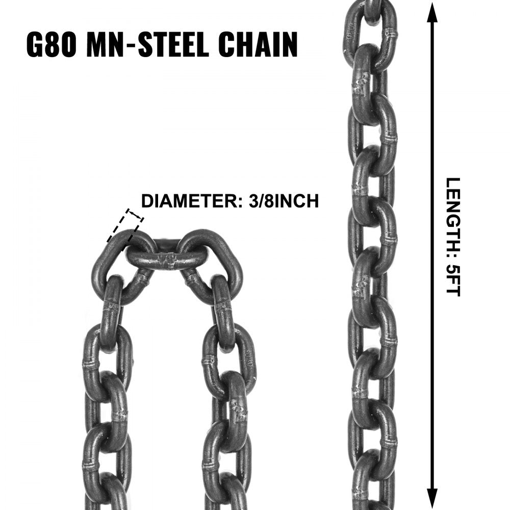 010973373437 - 5FT G80 Steel Chain Sling with Spring Latch Hooks