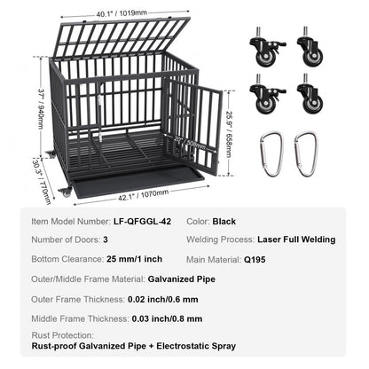 LF-QFGGL-42 - Heavy Duty Dog Crate for Medium to Large Dogs, 3-Door Design
