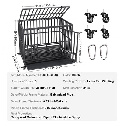 LF-QFGGL-46 - Heavy-Duty Dog Crate with Lockable Wheels for Medium to Large Dogs