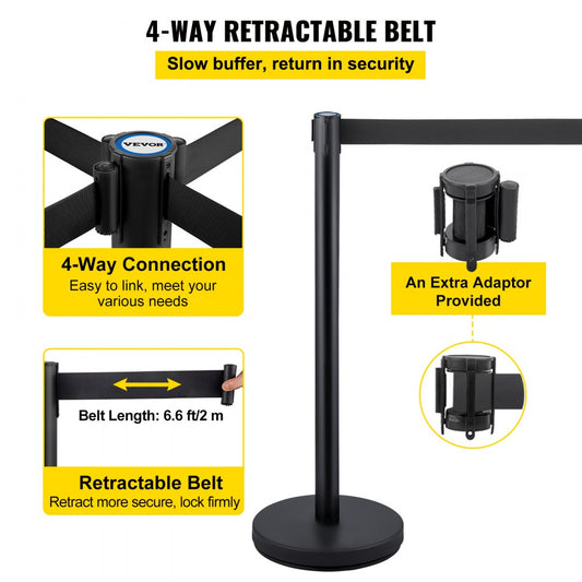 Stanchions 6Pcs - 6 pcs Stainless Steel Black Queue Posts with 6.6ft Belt