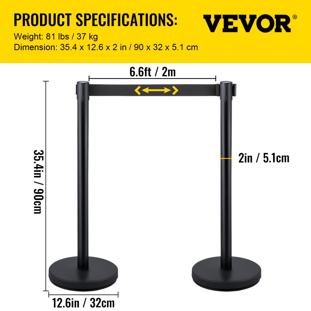 Stanchions 6Pcs - 6 pcs Stainless Steel Black Queue Posts with 6.6ft Belt