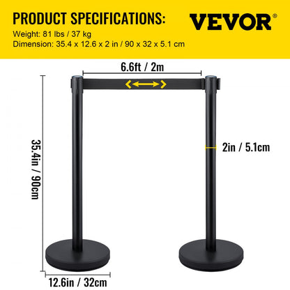 Stanchions 6Pcs - 6 pcs Stainless Steel Black Queue Posts with 6.6ft Belt