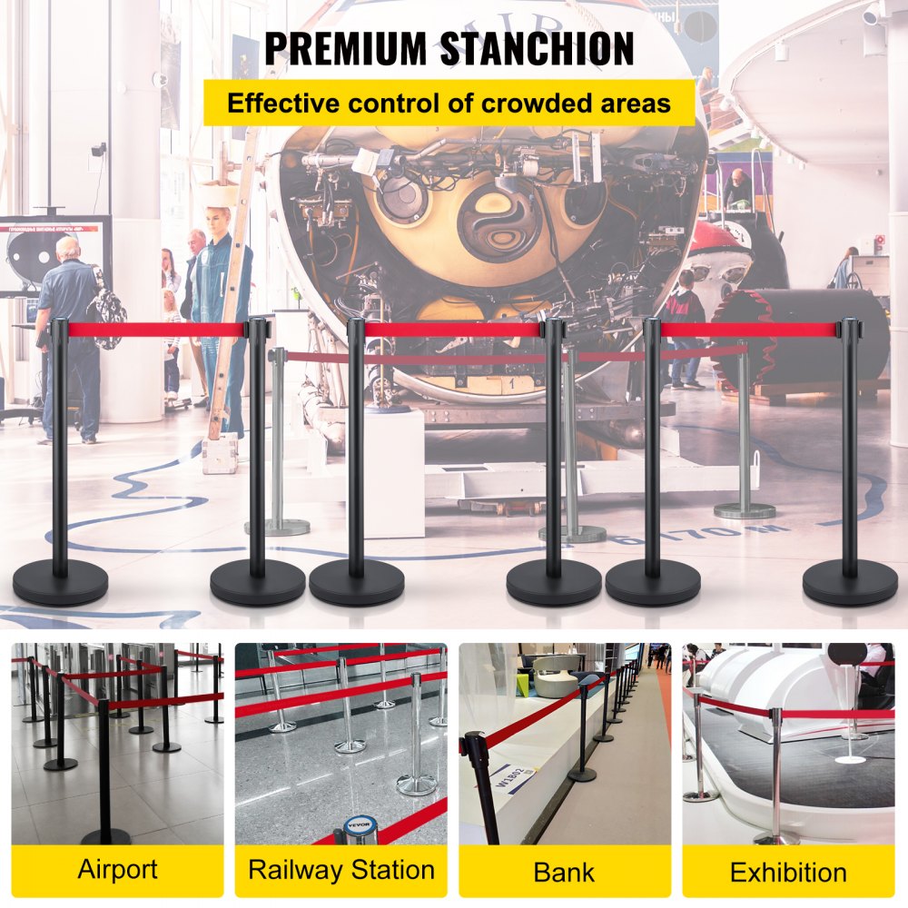 Black Stanchions 6Pcs - 35.4" Stainless Steel Stanchions with 6.6ft Belt