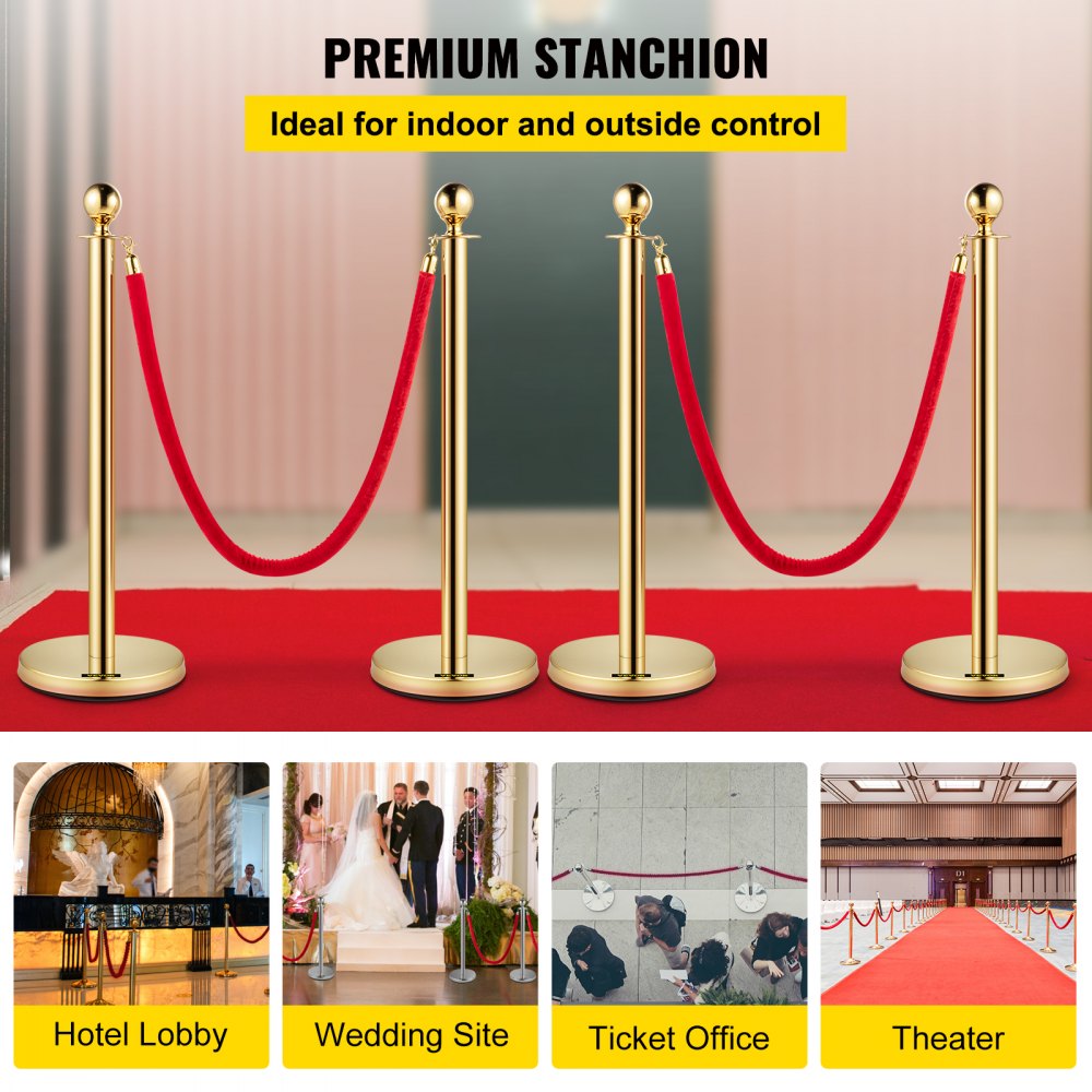 Gold Stanchions 4Pcs - Durable Queue Barriers with Velvet Ropes