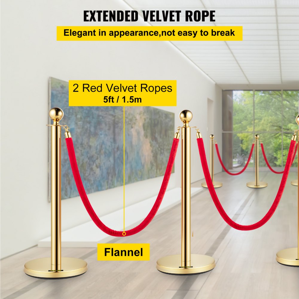 Gold Stanchions 4Pcs - Durable Queue Barriers with Velvet Ropes