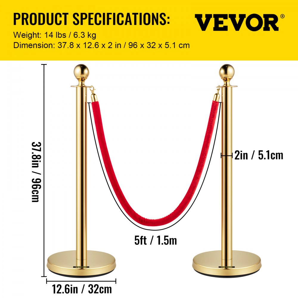 Gold Stanchions 4Pcs - Durable Queue Barriers with Velvet Ropes