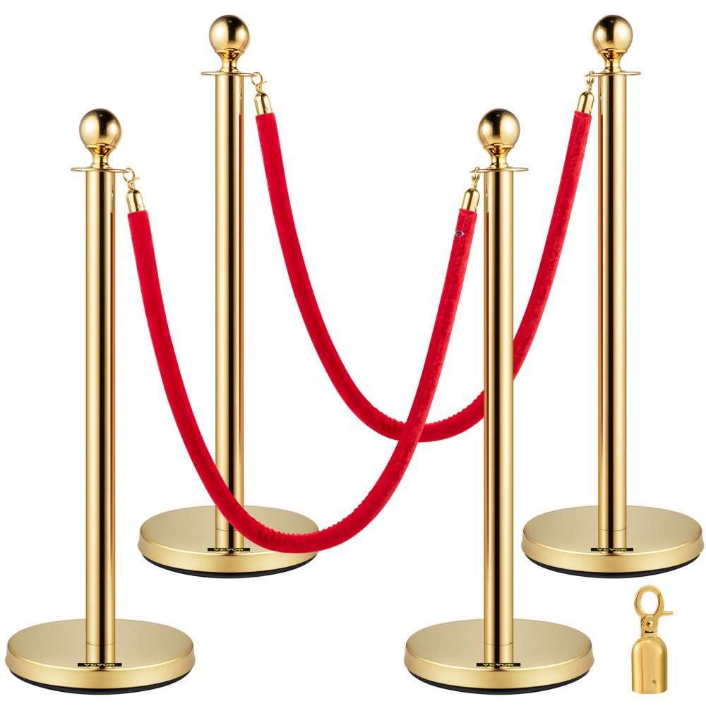 Gold Stanchions 4Pcs - Durable Queue Barriers with Velvet Ropes