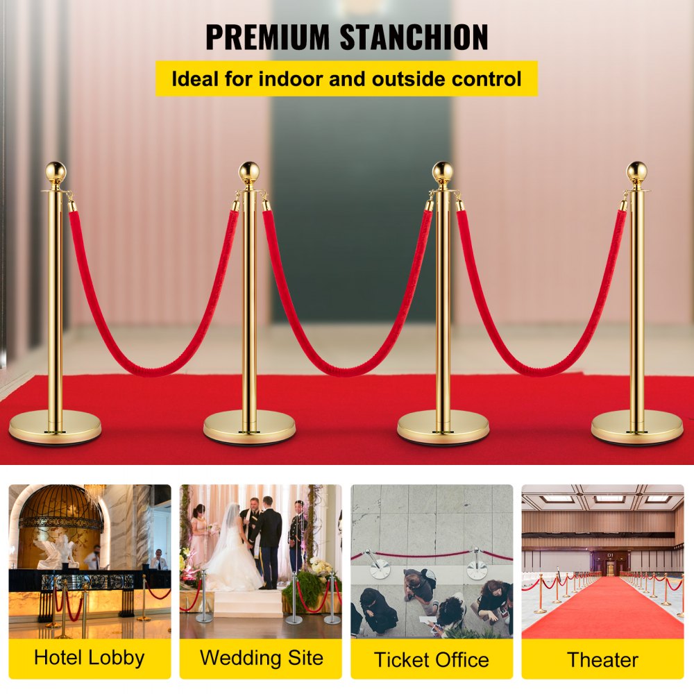 Gold Stanchions 4Pcs - Durable Stainless Steel Queue Posts with Velvet Ropes