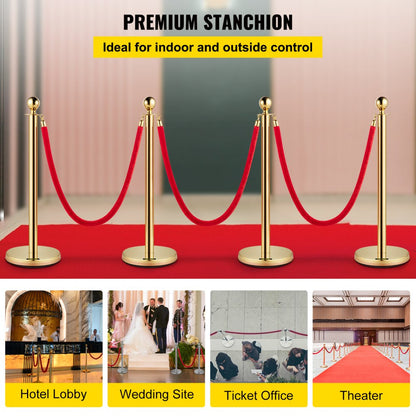Gold Stanchions 4Pcs - Durable Stainless Steel Queue Posts with Velvet Ropes