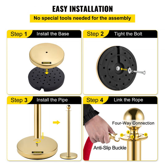 Gold Stanchions 4Pcs - Durable Stainless Steel Queue Posts with Velvet Ropes