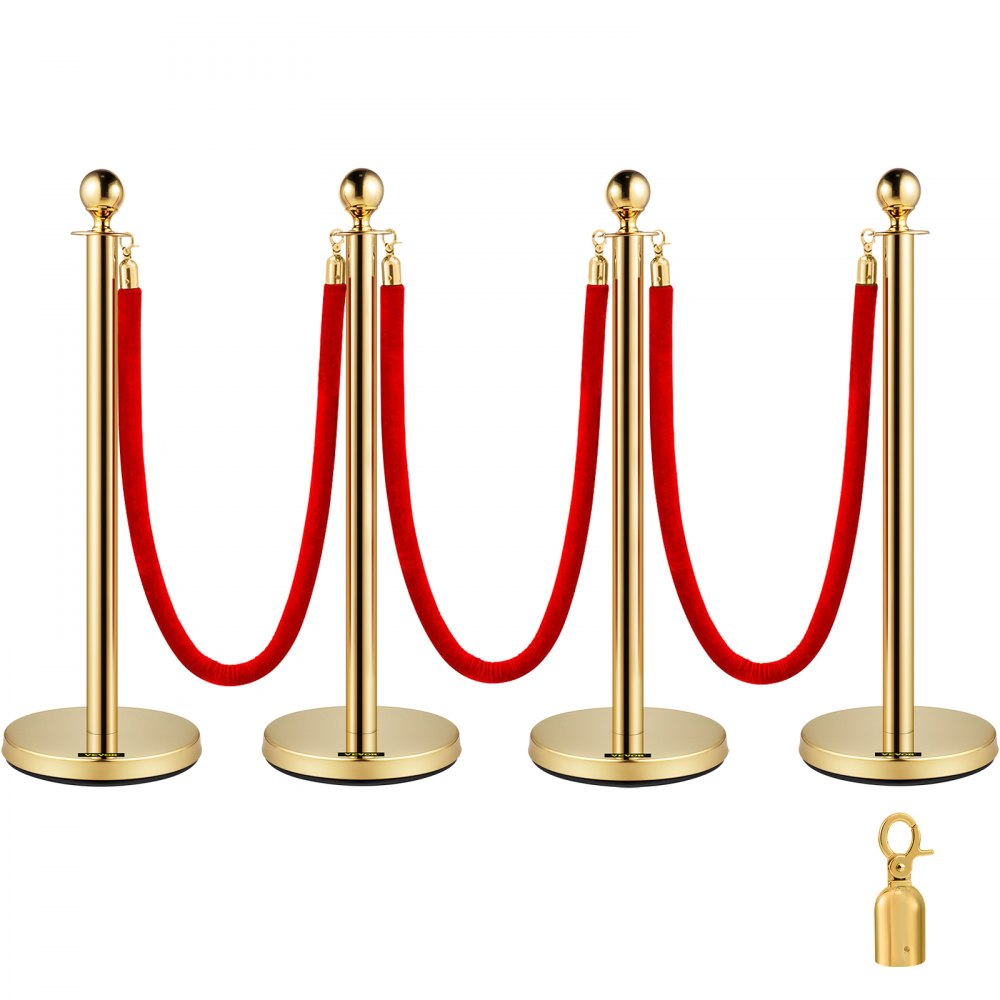Gold Stanchions 4Pcs - Durable Stainless Steel Queue Posts with Velvet Ropes