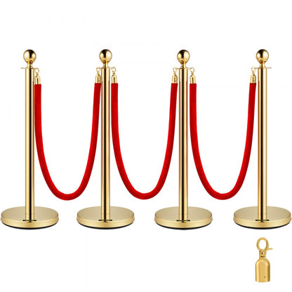 Gold Stanchions 4Pcs - Durable Stainless Steel Queue Posts with Velvet Ropes
