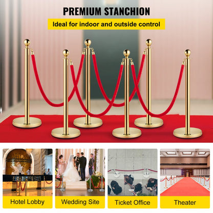 Gold Stanchions 6Pcs - Durable Stainless Steel Queue Posts with Velvet Ropes
