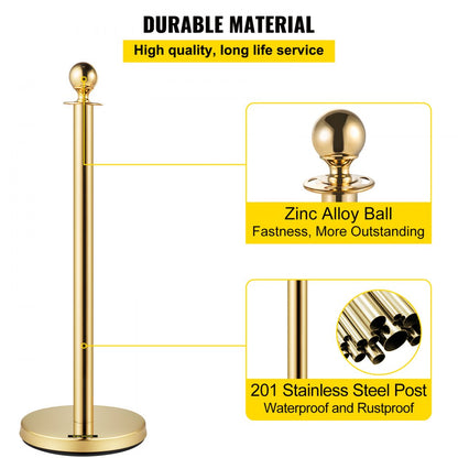 Gold Stanchions 6Pcs - Durable Stainless Steel Queue Posts with Velvet Ropes