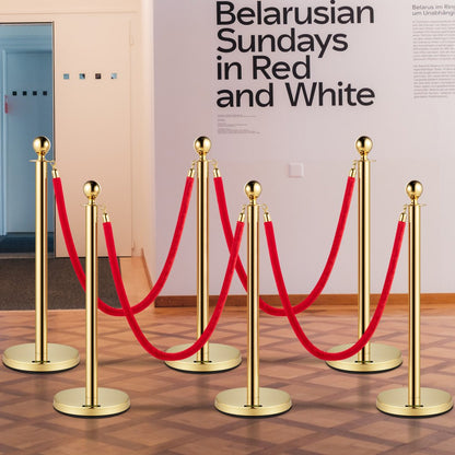 Gold Stanchions 6Pcs - Durable Stainless Steel Queue Posts with Velvet Ropes