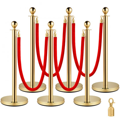 Gold Stanchions 6Pcs - Durable Stainless Steel Queue Posts with Velvet Ropes