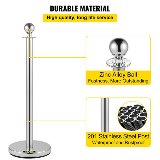 Silver Stanchions 4Pcs - Durable Stainless Steel Queue Posts with 5ft Velvet Ropes