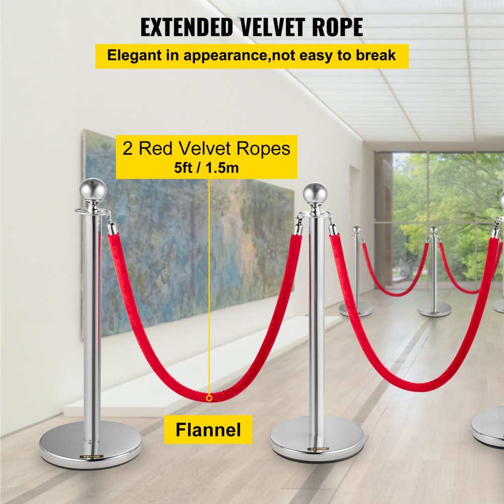 Silver Stanchions 4Pcs - Durable Stainless Steel Queue Posts with 5ft Velvet Ropes