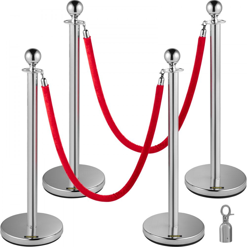 Silver Stanchions 4Pcs - Durable Stainless Steel Queue Posts with 5ft Velvet Ropes