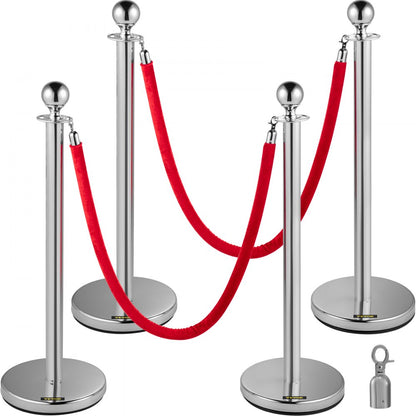 Silver Stanchions 4Pcs - Durable Stainless Steel Queue Posts with 5ft Velvet Ropes