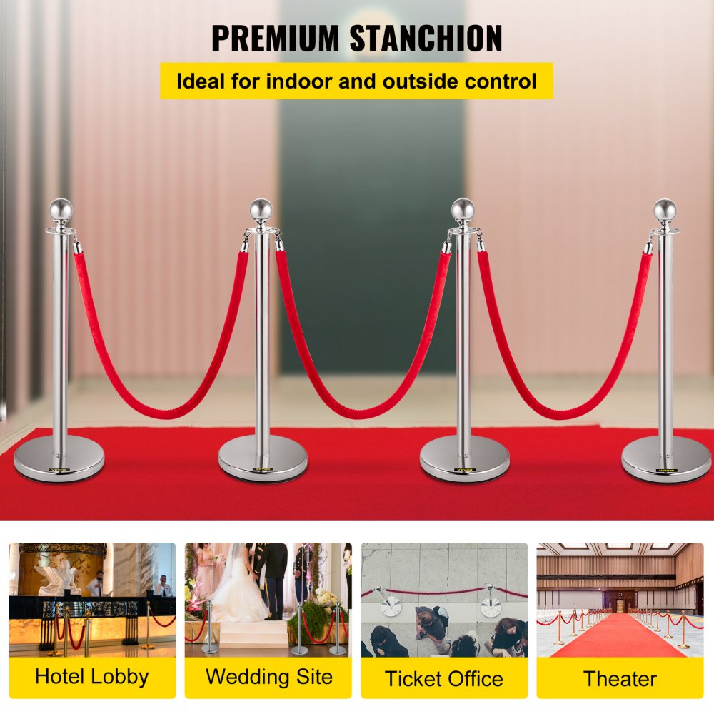 Silver Stanchions 4Pcs - 38" Durable Stainless Steel Posts with Velvet Ropes